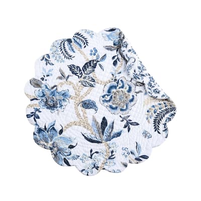 Braganza Blue Bell Elizabethan Jacobean Round Scalloped Floral Single Placemat, 17"