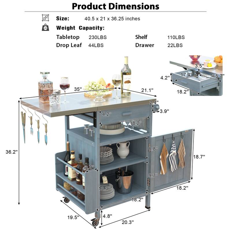 40.5" Outdoor Grill Cart with Stainless Steel Top,Solid Wood Outdoor Storage Cabinet with Drop Leaf - N/A