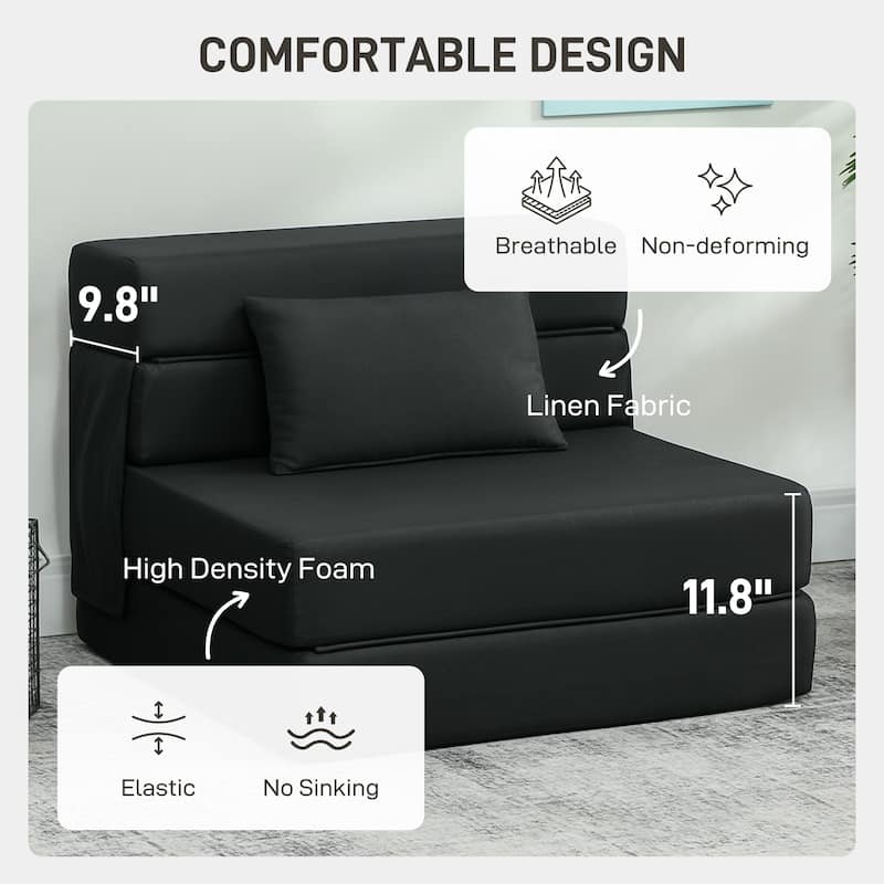 HOMCOM Folding Sofa Bed, Sleeper Chair with Pillow, Modern Linen Convertible Chair Bed, Fold Out Floor Futon Couch