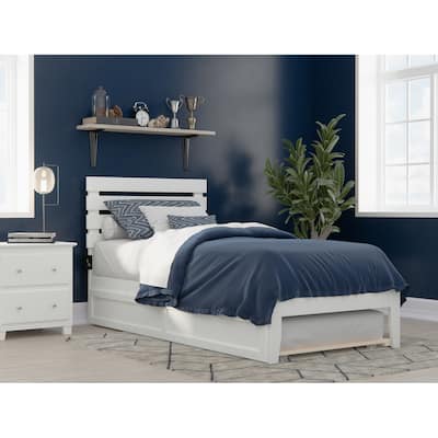 Mediterranean Twin XL Bed with Trundle & USB - White Platform Bed Frame - Space Saving Design