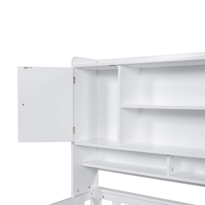 White Twin Size Multifunctional Wood Platform Bed with Bookshelf,Built-in Desk and Matching Chair