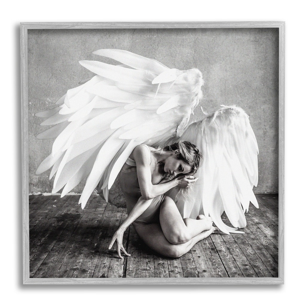 Stupell Magical White Angel Wings Woman Monochrome Photography Framed Wall Art - Grey