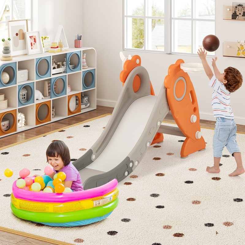 4 in 1 Indoor Slide for Kids Age 3+ Years with Basketball Hoop and Rings-Orange - Multi