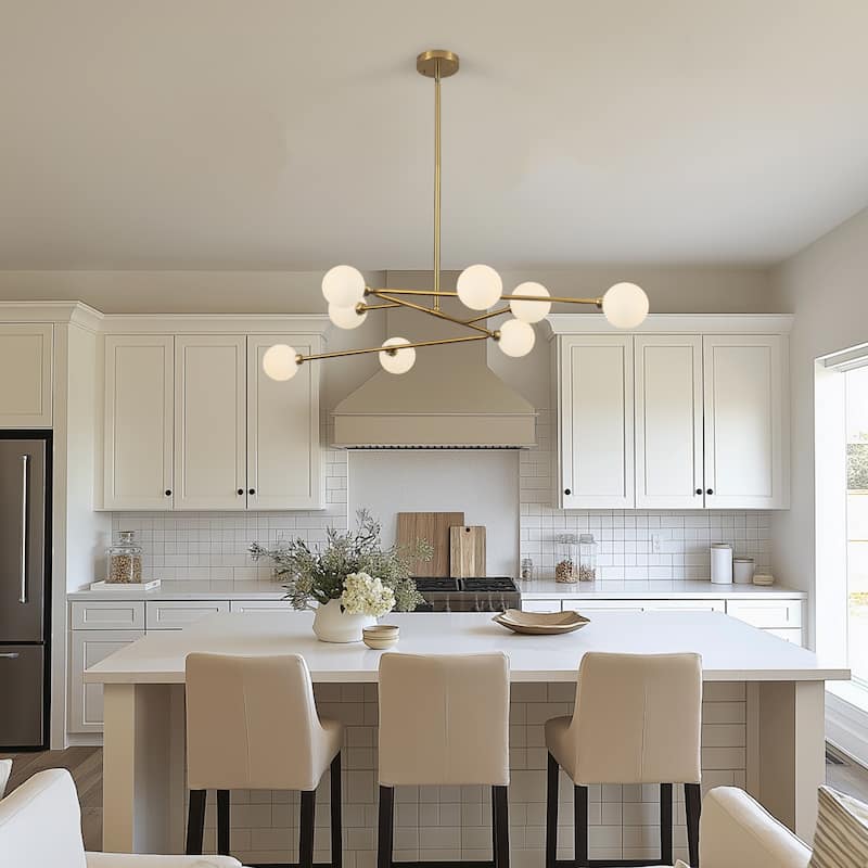 8-Light Mid - Century Modern Brass Sputnik Chandelier with Frosted Glass Globes