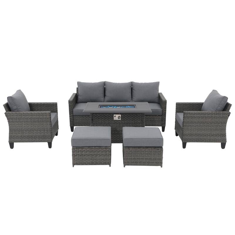 Outdoor 6 Pieces Wicker Sectional Sofa Set with Fire Pit Table