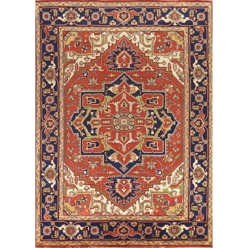 Orange Medallion Heriz Serapi Indian Area Rug Hand-Knotted Wool Carpet - 9'0" x 11'11"