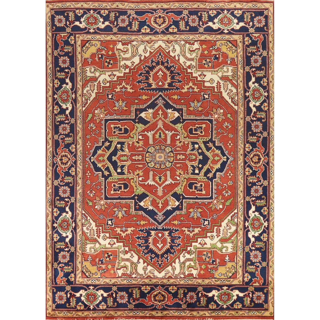 Orange Medallion Heriz Serapi Indian Area Rug Hand-Knotted Wool Carpet - 9'0" x 11'11"
