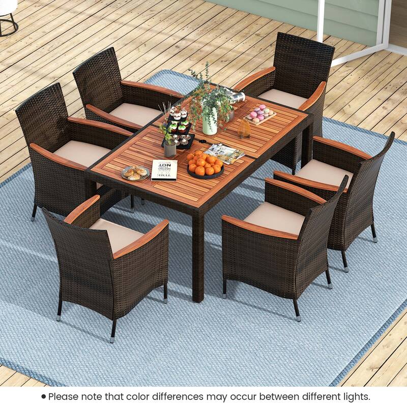 Costway 7 Pieces Outdoor Wicker Dining Set with Acacia Wood Table and - See Details - As pic shows