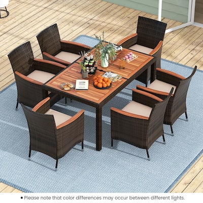 Costway 7 Pieces Outdoor Wicker Dining Set with Acacia Wood Table and - See Details