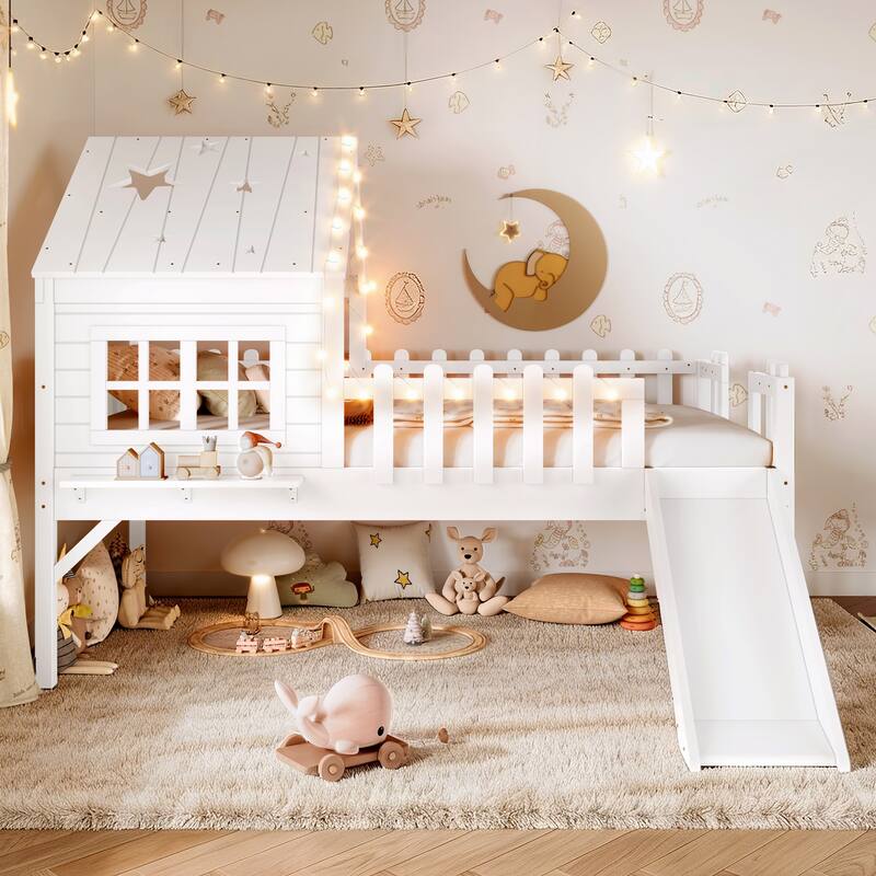 Twin Size House Loft Bed with Slide,Playhouse Bed with Star Moon-shaped Designs and Window, Chic Design with LED Lights
