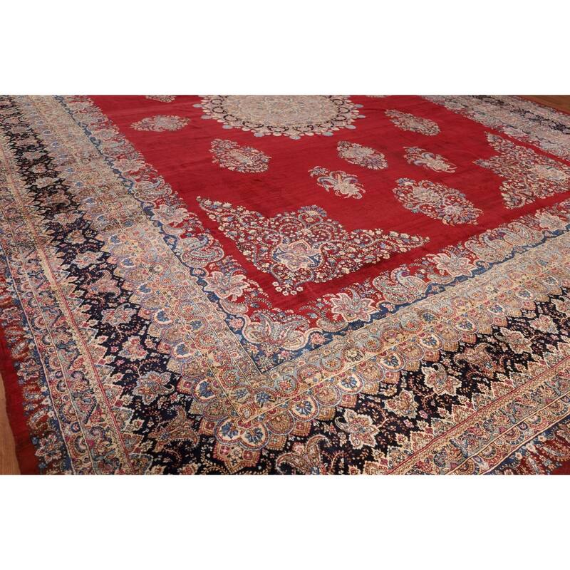 Pre-1900 Antique Kerman Ravar Persian Large Red Handmade Wool Carpet - 14'2"x 19'0"