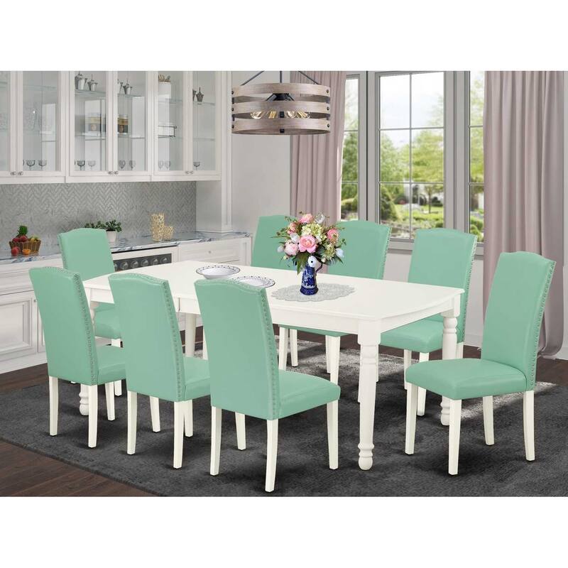 Medieval Dining Set 9Pc Table & Chairs - 60x78 Inch Rectangle Table with Leaf & 8 PU Leather Parson Chairs