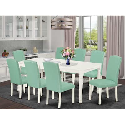Medieval Dining Set 9Pc Table & Chairs - 60x78 Inch Rectangle Table with Leaf & 8 PU Leather Parson Chairs