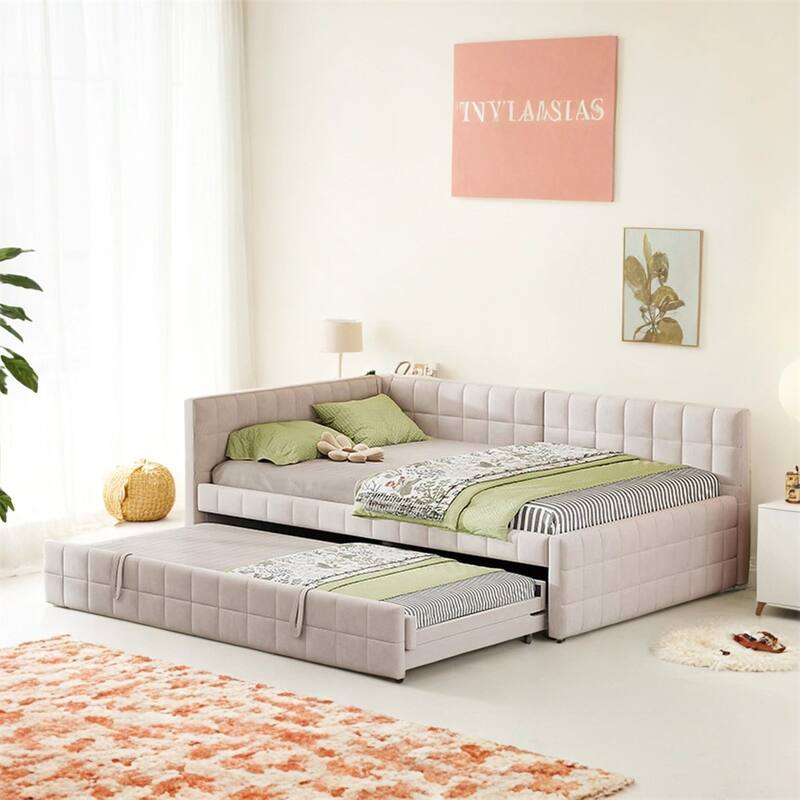 Full Size Upholstered L-Shaped Upholstered Daybed with Pop Up Trundle