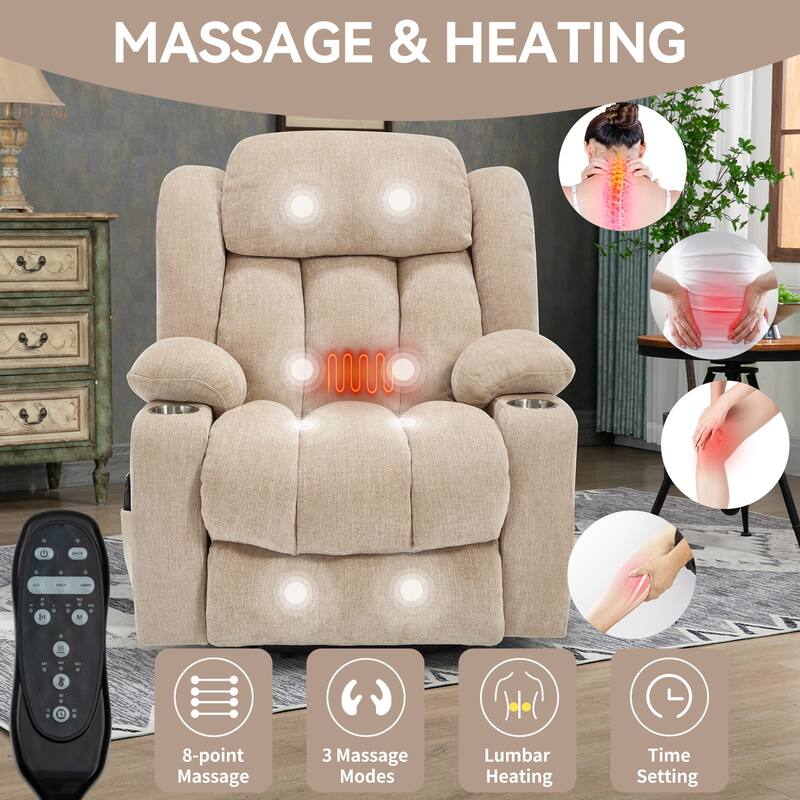 Chenille Power Lift Recliner Chair with Heat & Massage, Adjustable Reclining Sofa with USB Charge Port & Cup Holders