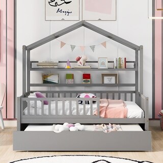 Wooden Playhouse Bed Frame with Trundle Bed and Shelf