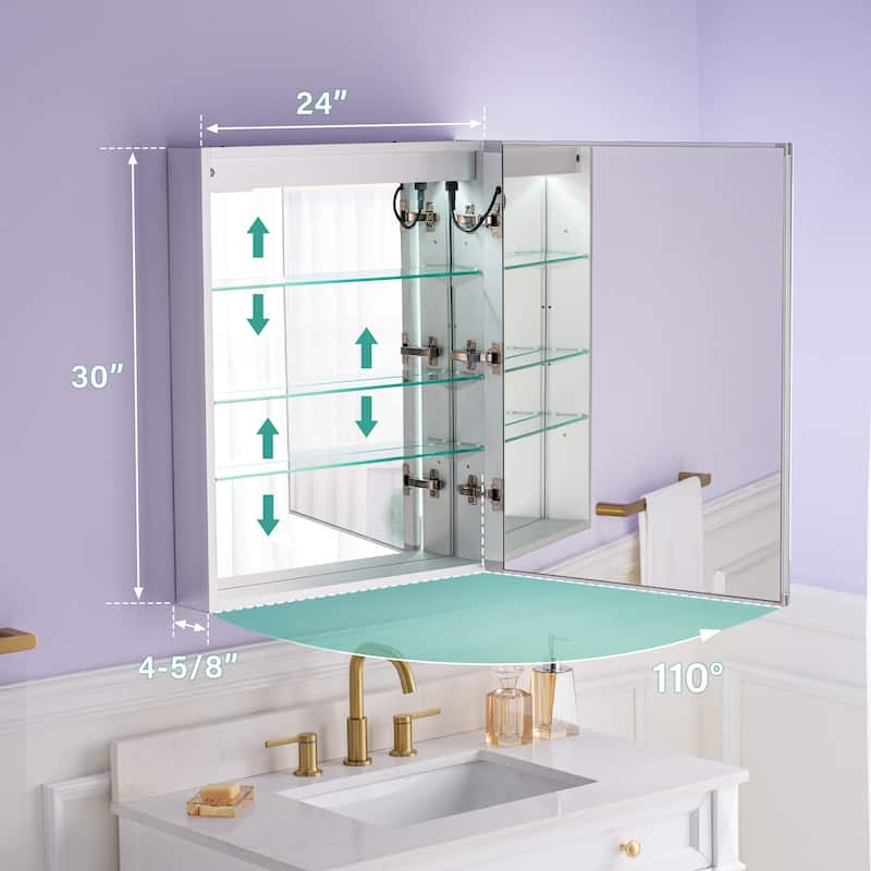 Recessed or Surface 30" H LED Mirror Cabinet with Adjustable Glass Shelves,Defogger, Dimmer And Outlets & USB Ports