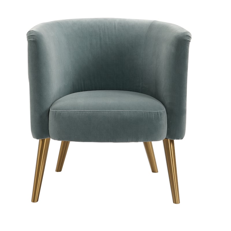 31" Haider Blue Velvet Half Barrel Accent Chair with Brass Dowel Legs