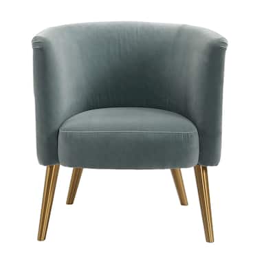 31" Haider Blue Velvet Half Barrel Accent Chair with Brass Dowel Legs