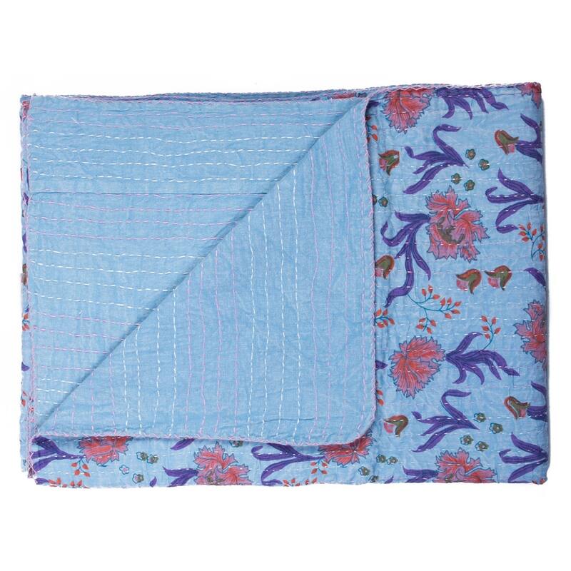 HomeRoots 50" X 70" Blue and Purple Kantha Cotton Floral Throw Blanket with Embroidery