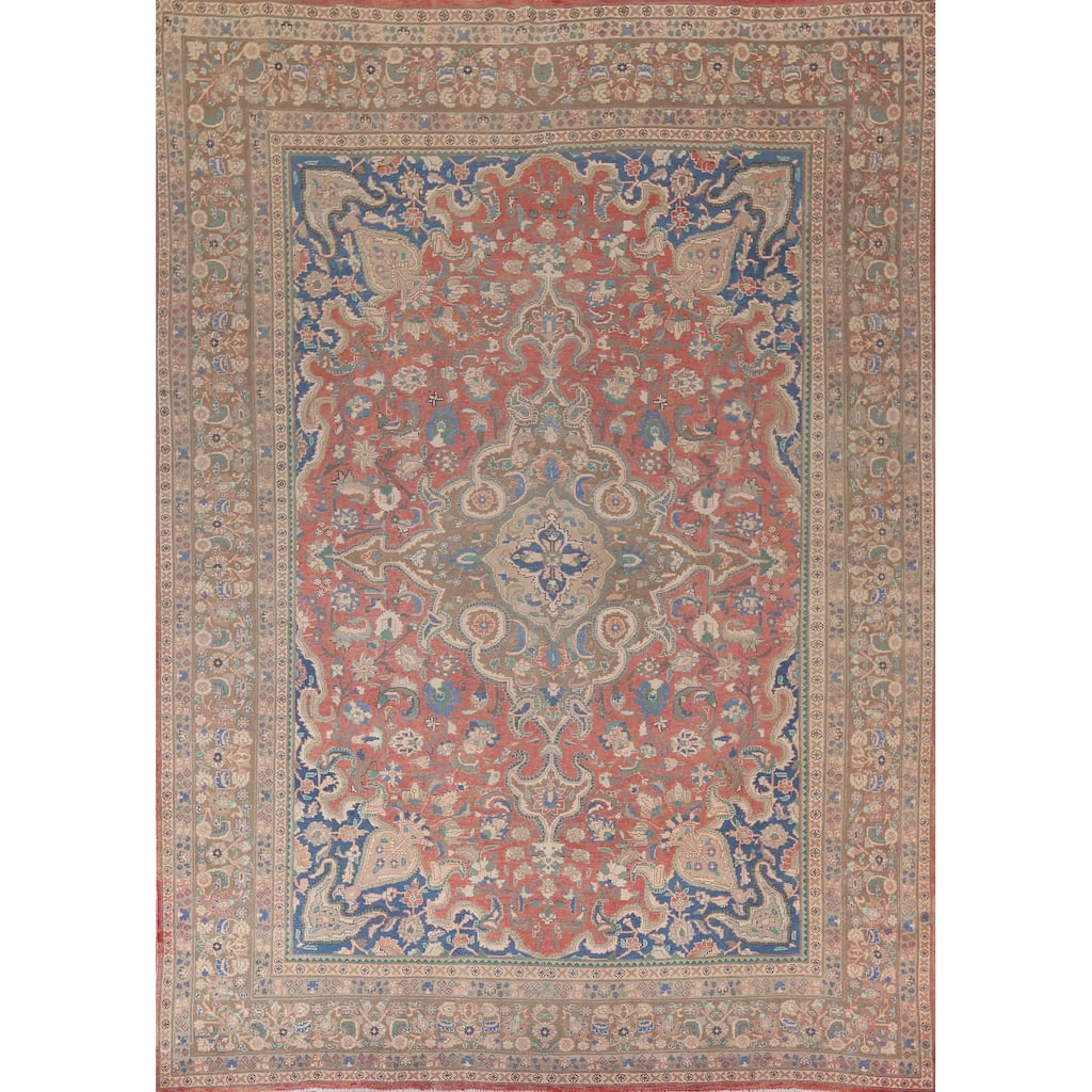 Distressed Floral Mashad Persian Vintage Rug Handmade Wool Carpet - 9'9"x 12'7"