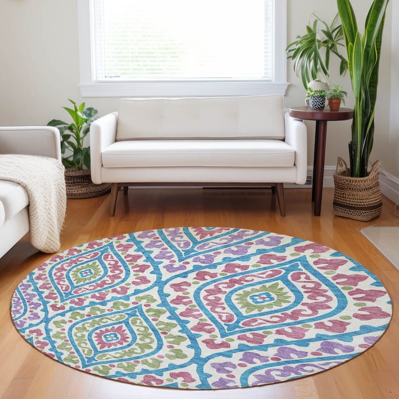 Premium Washable Super Soft Diamond Medallions Mayfield Rug - White - 8' x 8' - Round