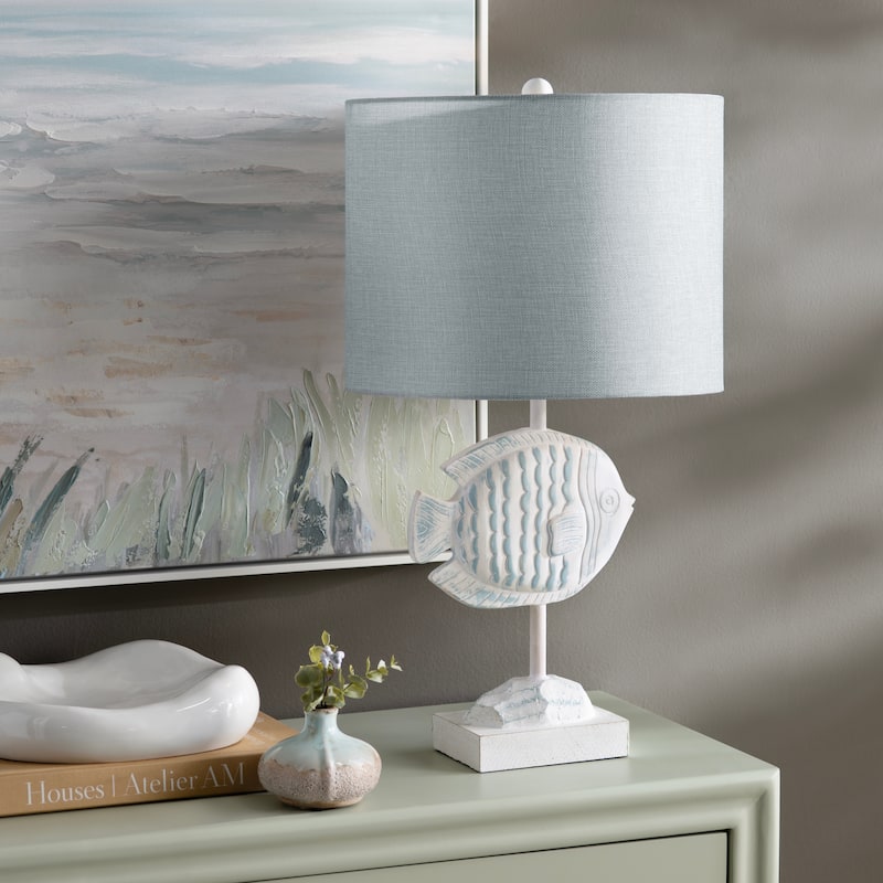 Light Blue and White Resin Fish Table Lamp with Shade - 14" x 14" x 24.5"