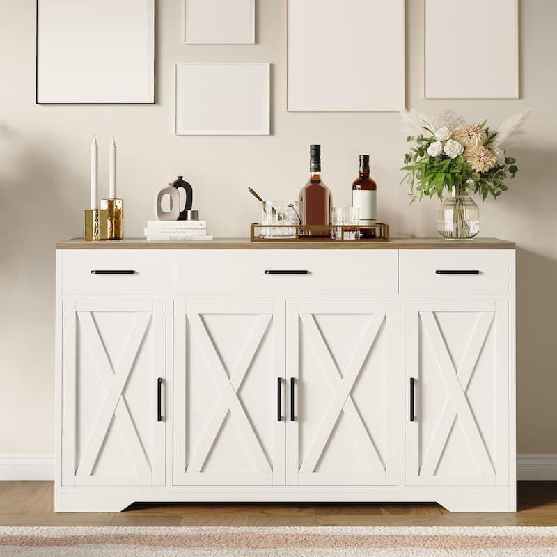 Modern Farmhouse Buffet Cabinet, Kitchen Cabinet with Adjustable Shelf - White+Wood