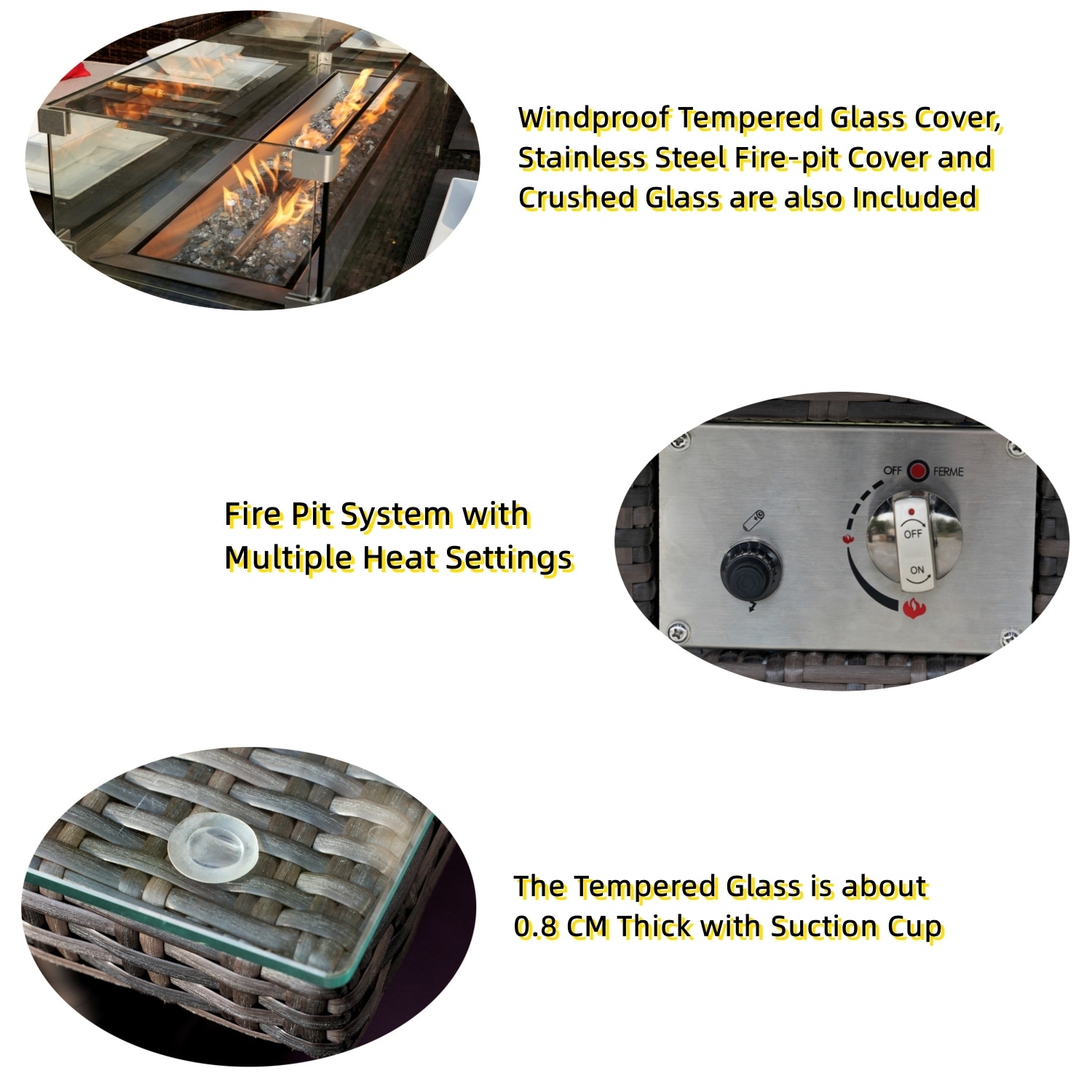 7-Pc Outdoor Wicker Rectangular Gas Fire Pit Table Set with 6