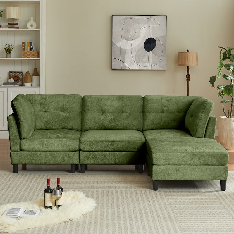 99.41" Chenille High Armrest L Shaped Sofa - Olive Green