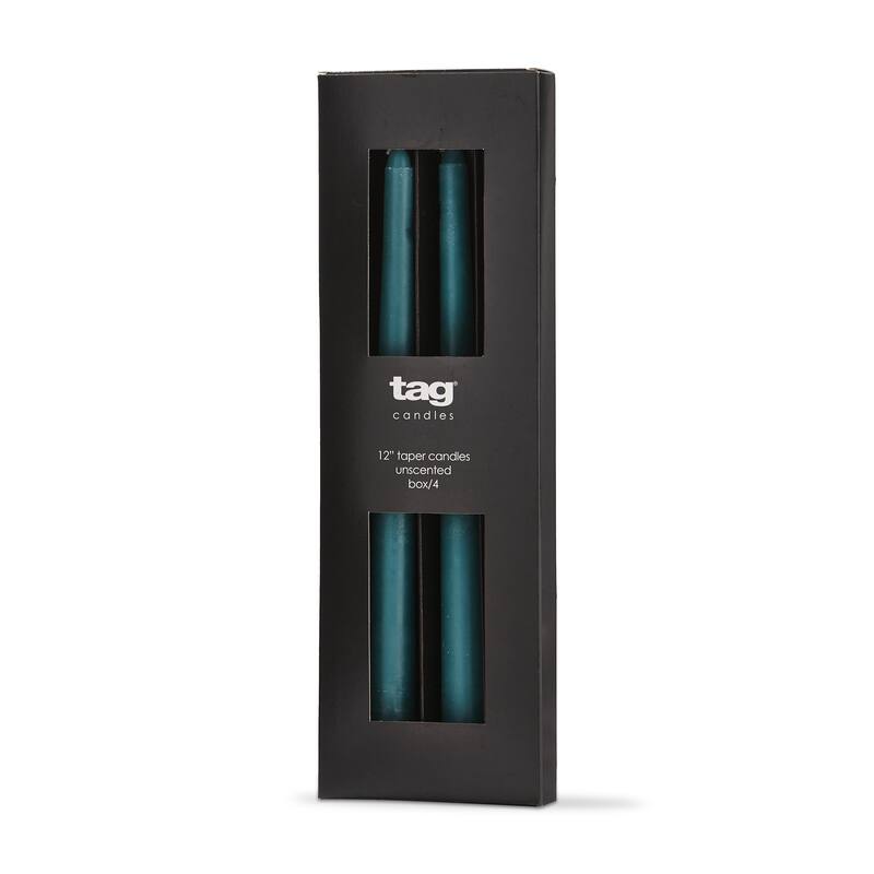 Color Studio 12" Traditional Taper Unscented Smokeless Paraffin Wax Candle Teal, Set of 4, Burn Time 8 hrs. - Blue