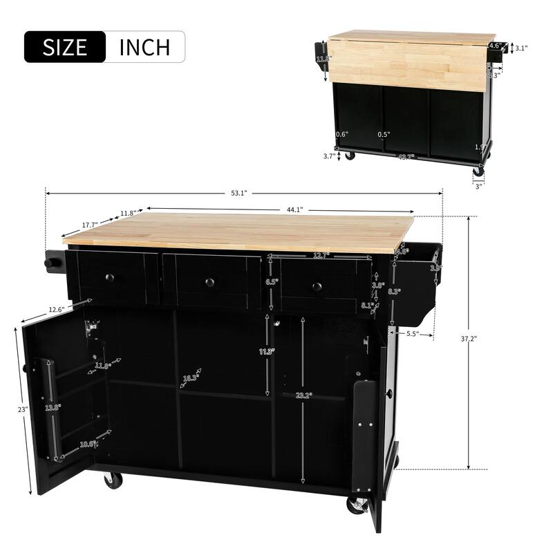 53.10 '' Rubberwood Kitchen Cart with Drop-Leaf, Adjustable Shelf, Rolling Wheels, and 3 Drawers - 53.1'' x 29.5'' x 37.2''