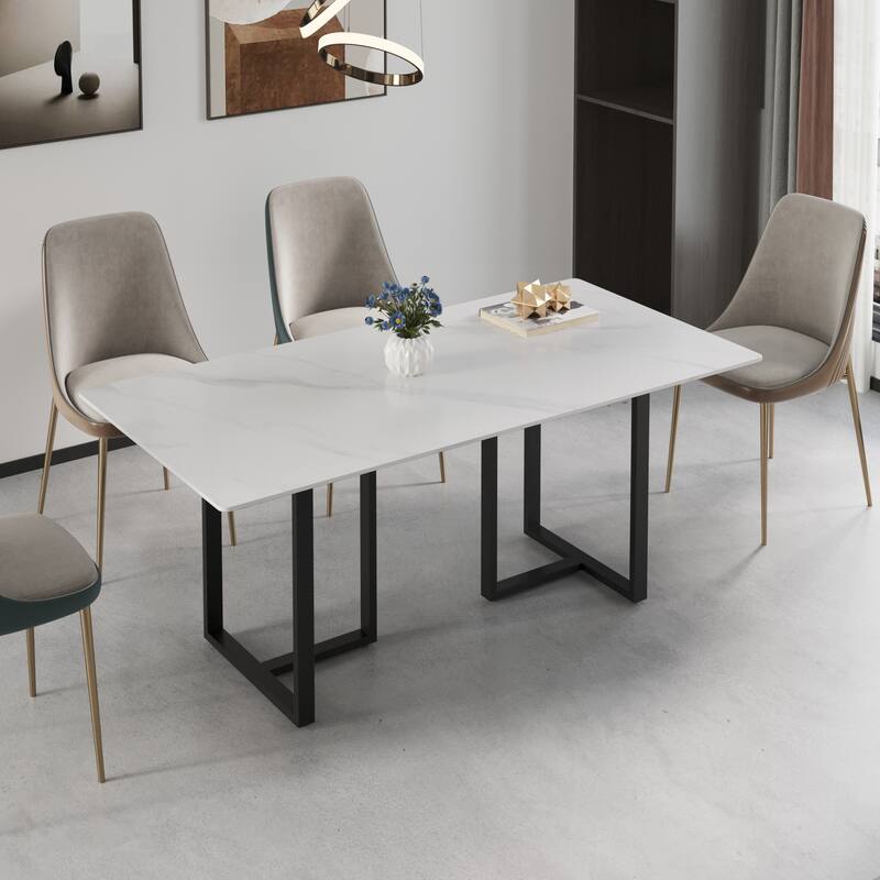 Modern 71L x 35W White Rectangular Marble Dining Table with Steel Legs - White&Black