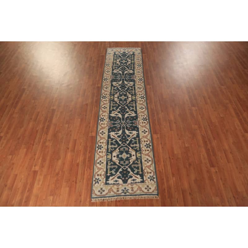 Transitional Blue Oushak Runner Rug Hand-Knotted Wool Carpet - 2'5" x 9'11"