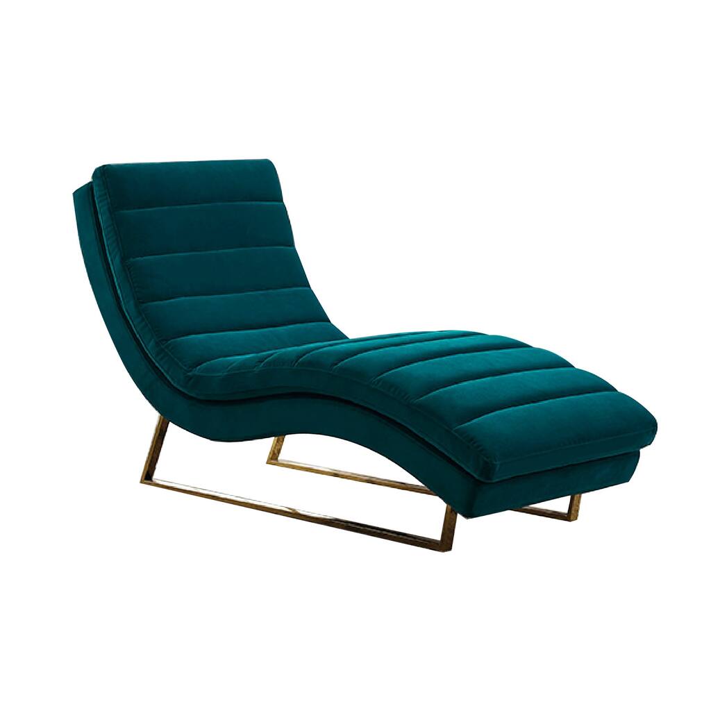 Reno Linda 66 Inch Lounge Chaise, Channel Tufted Green Velvet, Steel Legs