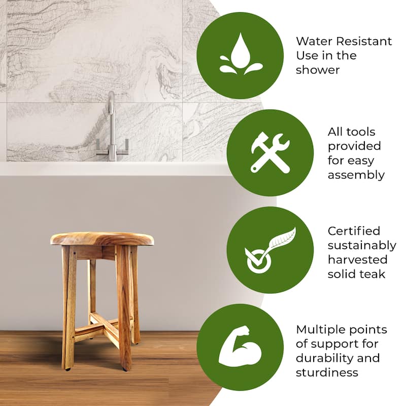EcoDecors Shoji EarthyTeak 13.5" Teak Wood Round Shower Stool - 11.5" L x 11.5" D x 13.5" H