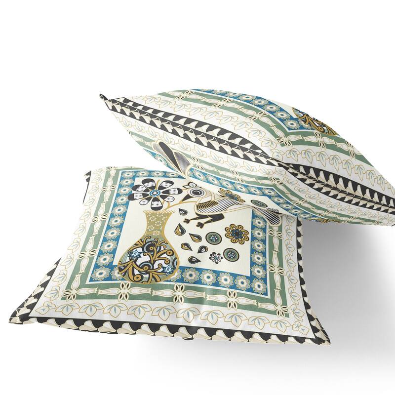 HomeRoots Set of Two 16" X 16" Blue and Yellow Peacock Blown Seam Floral Indoor Outdoor Throw Pillow - 16.00' X '16.00' X '5.00