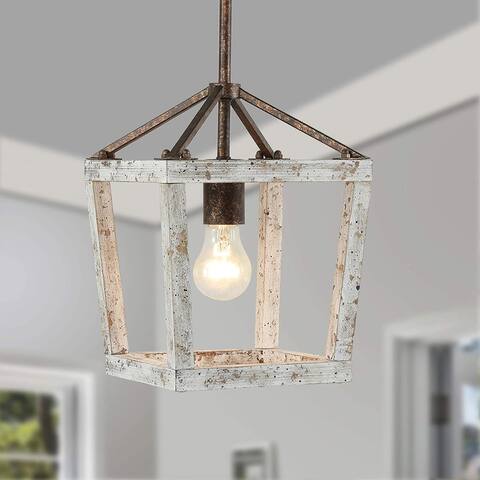 Farmhouse wood pendant light white cage chandelier