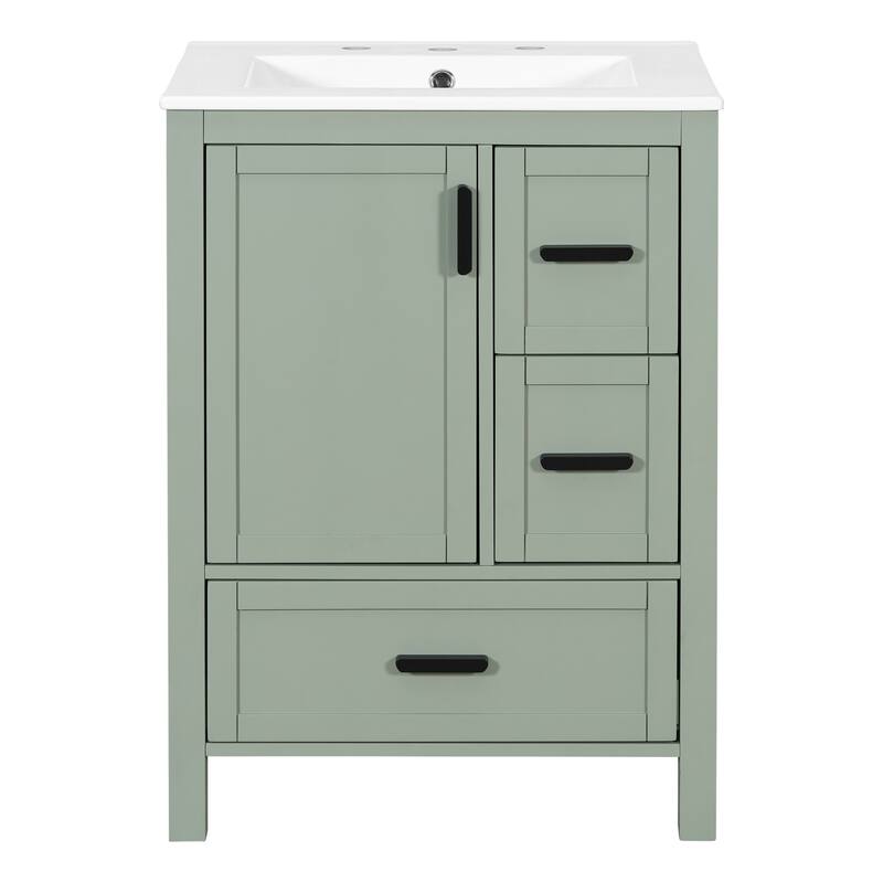 Modern 24" Bathroom Vanity with Ceramic Sink - Soft-Close Door with Double Shelf, 3 Drawers,for Small Spaces