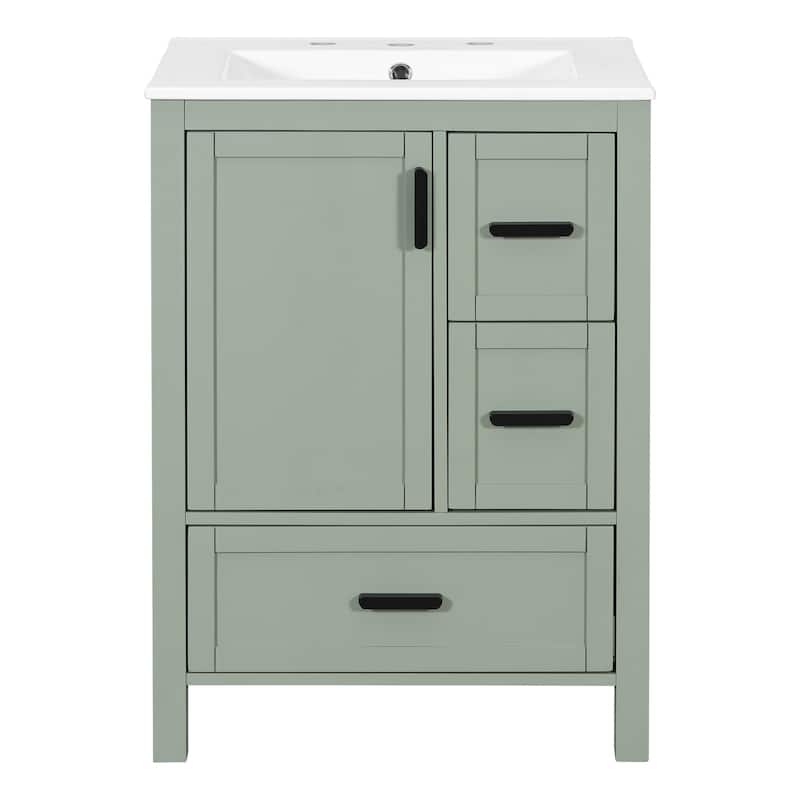 Solid Wood Frame Bathroom Vanity Cabinet with Ceramic Sink, Space-Saving 24-Inch Vanity