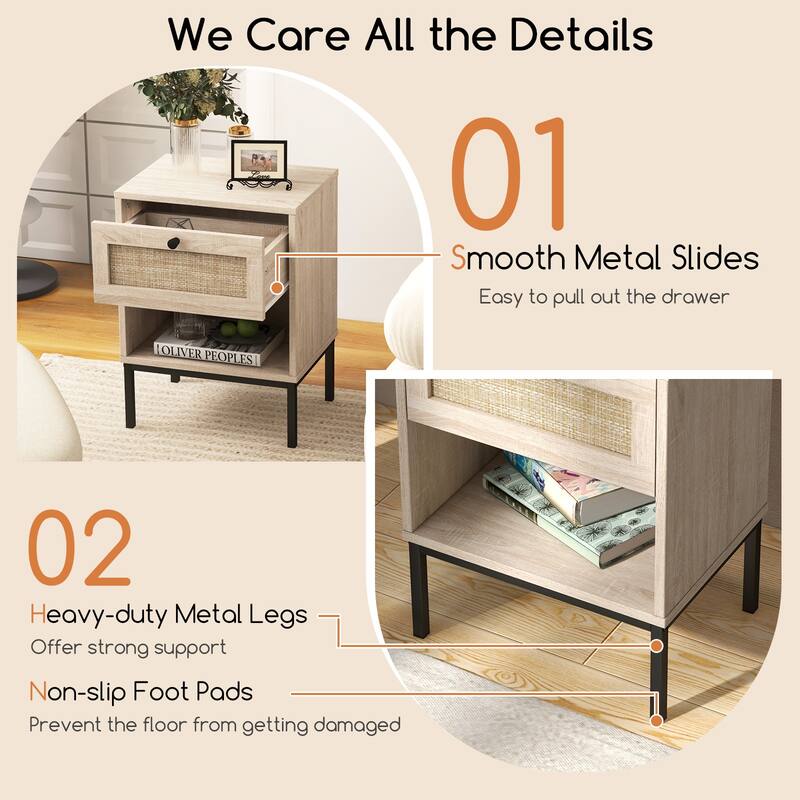 Rattan Nightstand Boho End Table with Rattan Drawer & Open Shelf