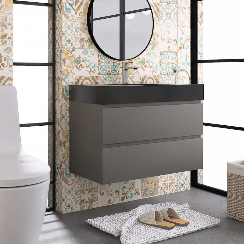 Floating Bathroom Vanity with Black Solid Surface Top