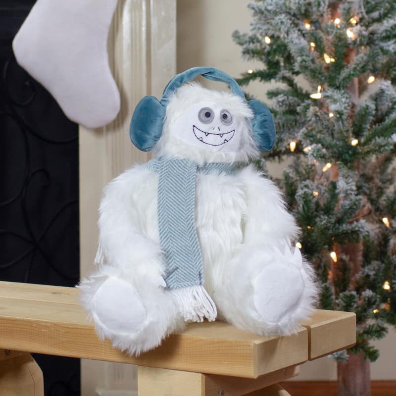 Plush Sitting Yeti with Earmuffs Christmas Figure - 18" - White and Blue