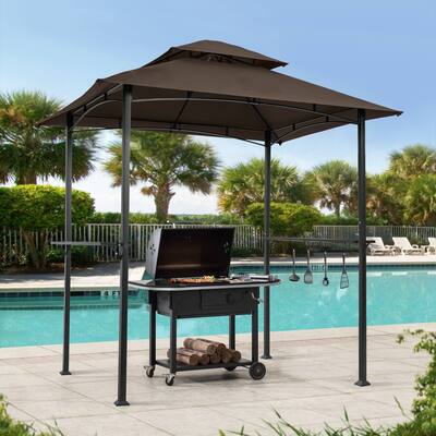 Brown Modern 8 x 5 ft BBQ Grill Gazebo, All-Season Outdoor Shelter Tent with Double-Tiered Canopy and Steel Frame
