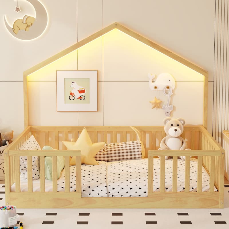Full Floor Bed with High Rails, Wooden Montessori Bed with Light for Kids, Boys and Girls, Natural