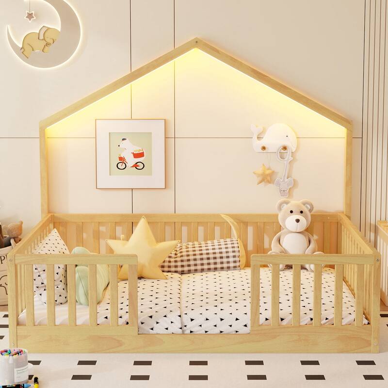 Wooden Floor Bed House-shaped Frame, Montessori Floor Bed with Light and High Rails, Wood Slat Support Floor Daybed