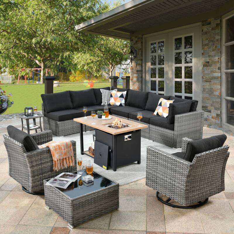 XIZZI 11-piece Outdoor Wicker Furniture Patio Swivel Chair Set with Firepit Table - Black