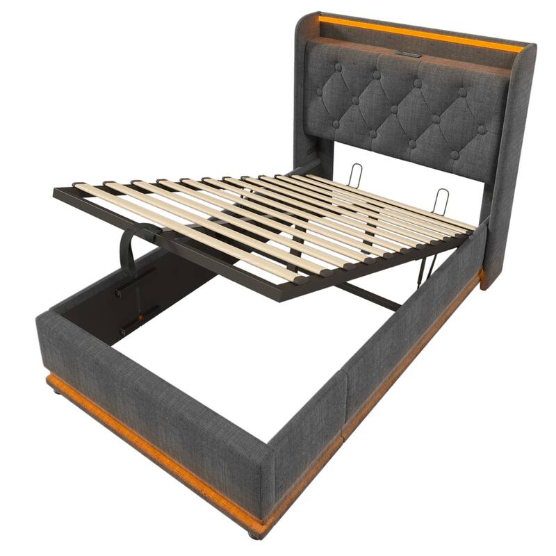 Twin Size Platform Bed Underbed Storage Bed with Wingback Tufted Headboard, USB and 360 Surround LED Strip, Linen Upholstered