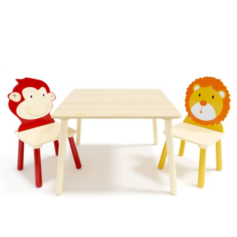 Kids Wooden Table with 2 Chairs, 3-Piece Activity Play Set, Cartoon Lion & Monkey Theme