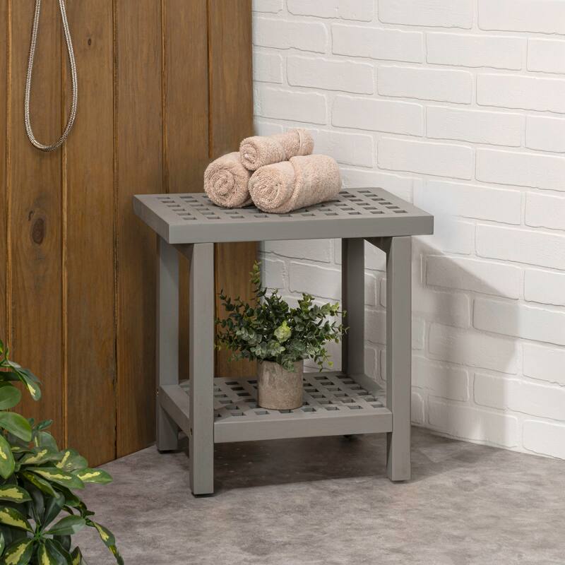 Armin 18.1" Classic Grid Slat Solid Acacia Wood Indoor/Outdoor Shower Stool, By JONATHAN Y - 18.1L x 11.81W x 17.72H